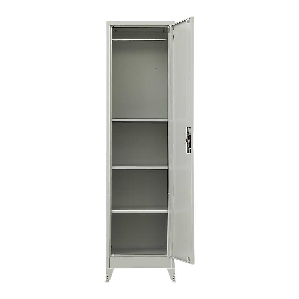 Tall white metal storage cabinet with single door open to empty shelves.