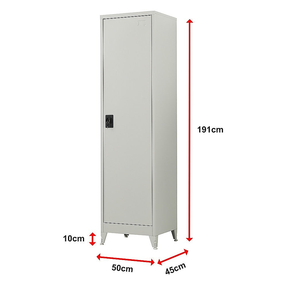 Tall metal cabinet with single door and four pedestal legs, front view.