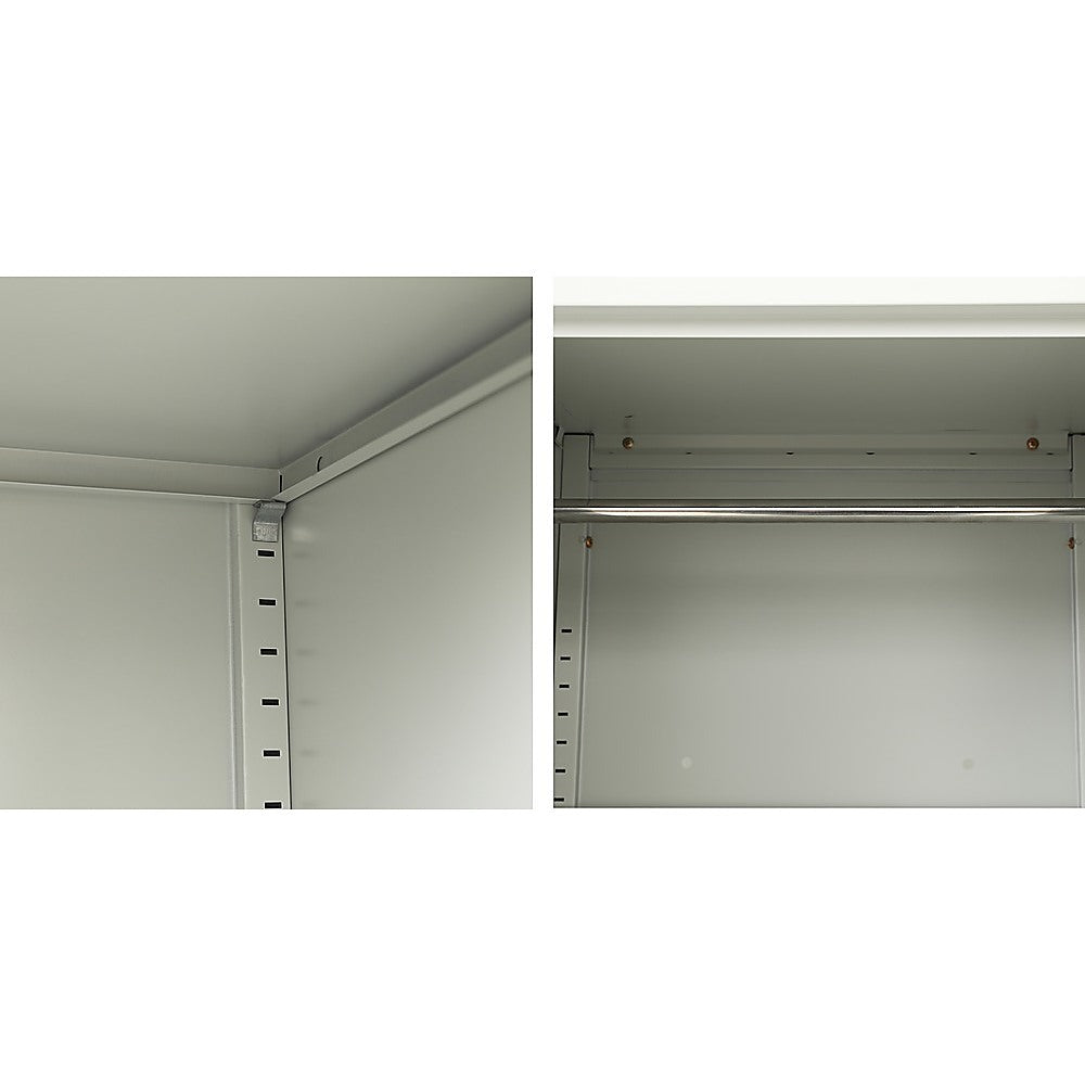 Metal tall cabinet with single open door, adjustable shelf pins and interior panels