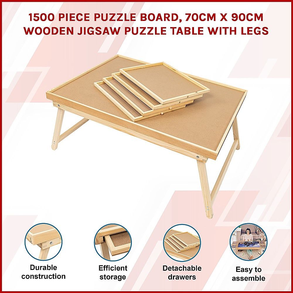 Wooden puzzle board table with folding legs and a built-in sliding accessory