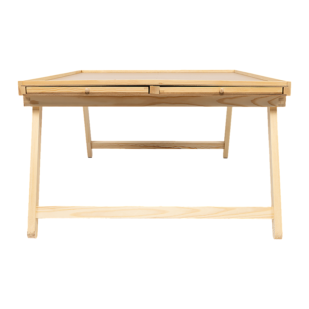 Wooden jigsaw puzzle table with folding legs and hinged top support bar