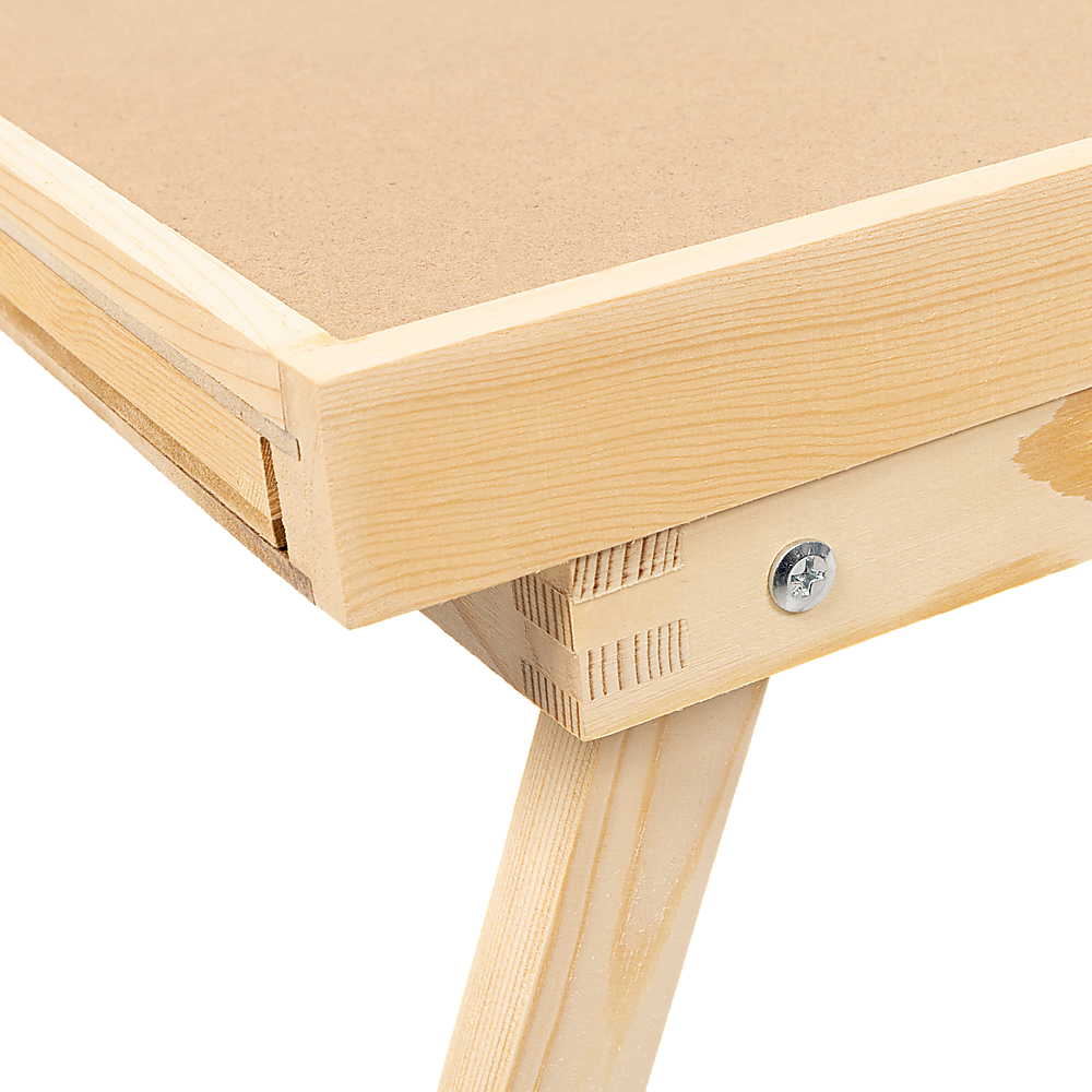 Wooden puzzle table corner detail with metal knob on folding leg support