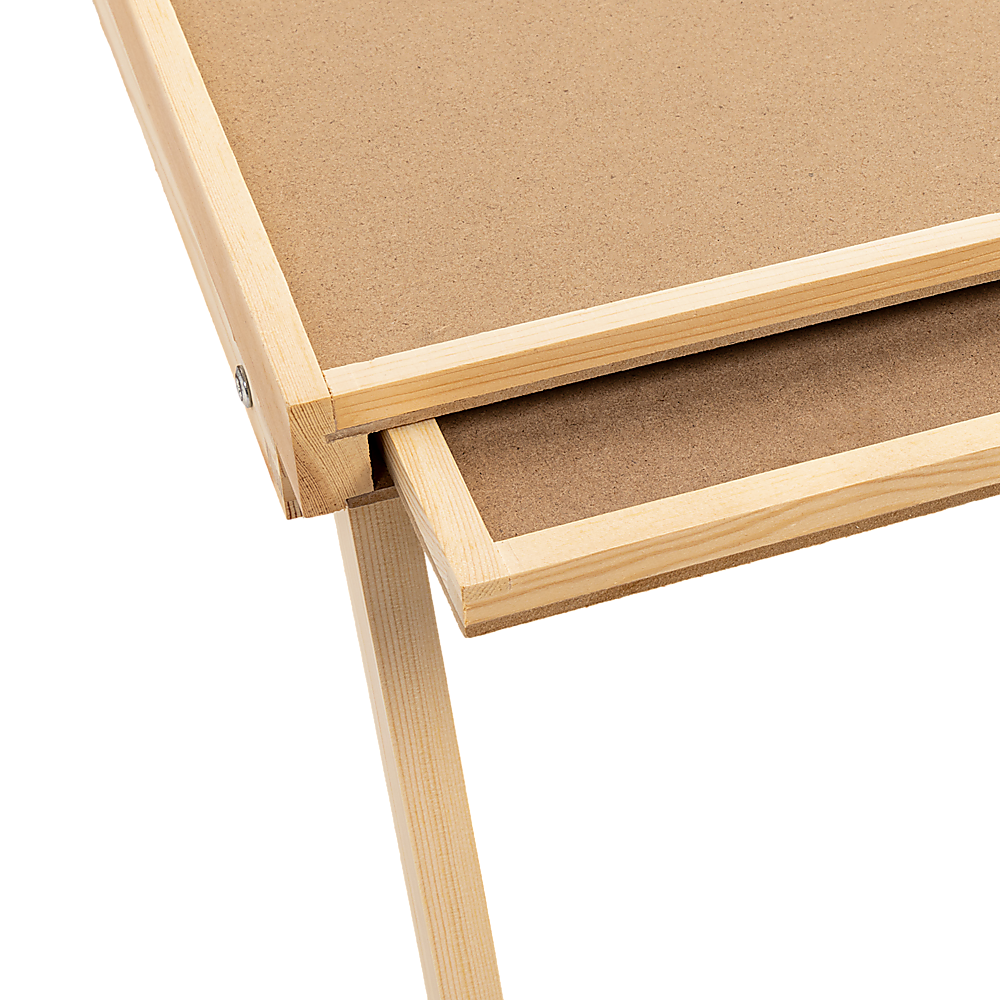 Light wood folding puzzle table with beveled legs and corner joints