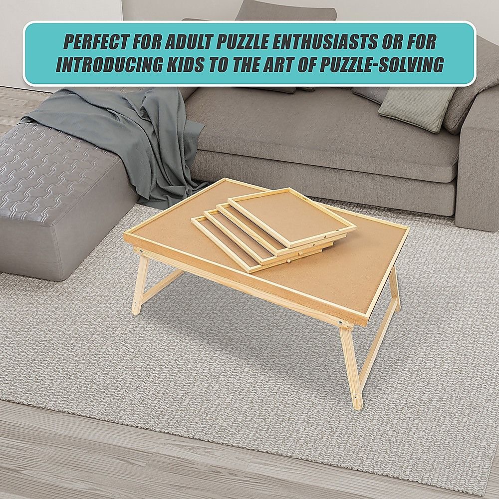 Light wood puzzle table on four legs with open slat storage compartments