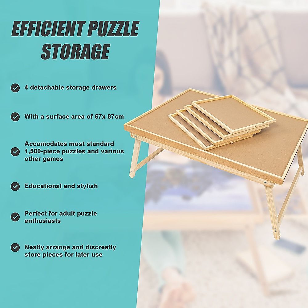 Light wood foldable puzzle board table with slatted top storage insert