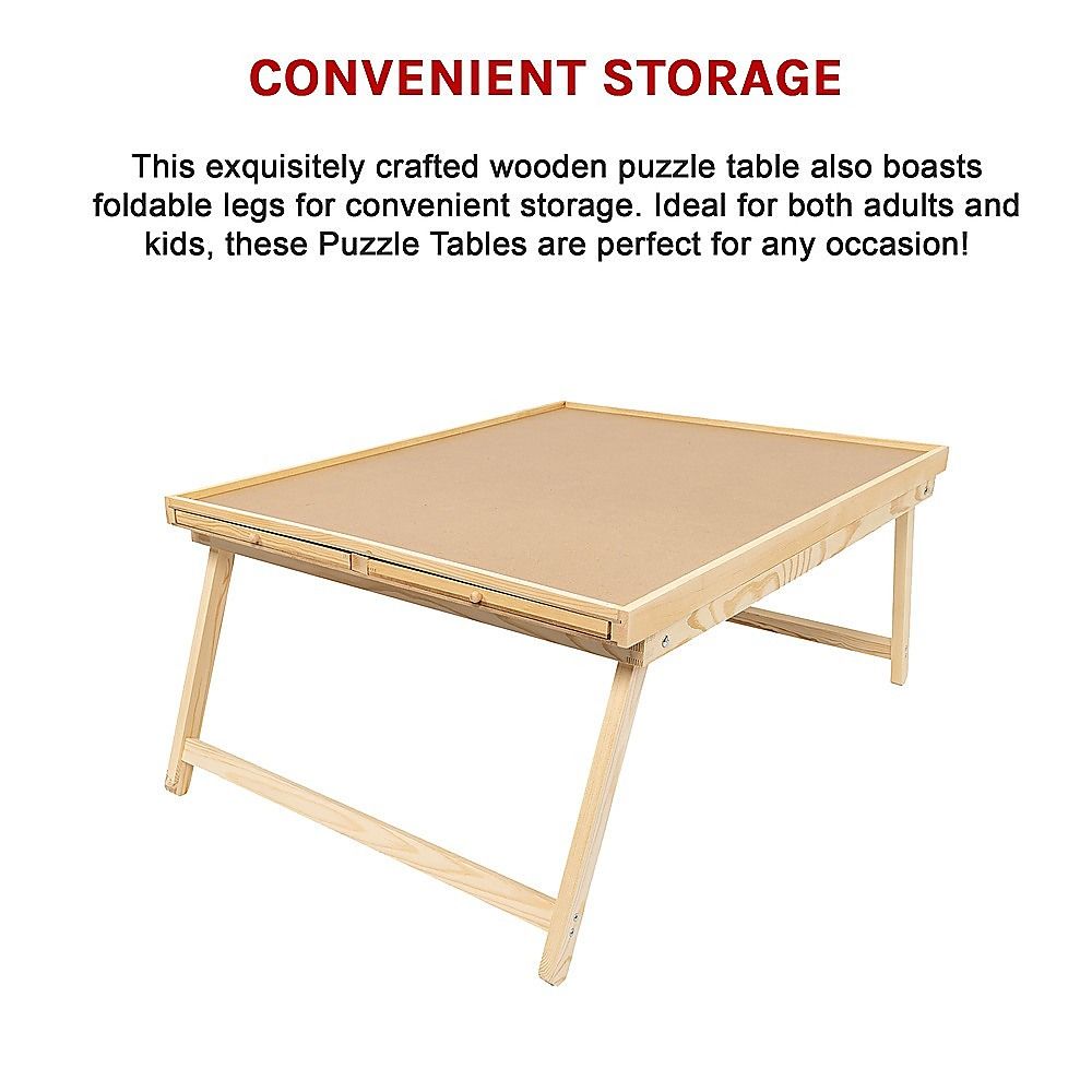 Light wood folding puzzle table with flat board surface and integrated storage drawers