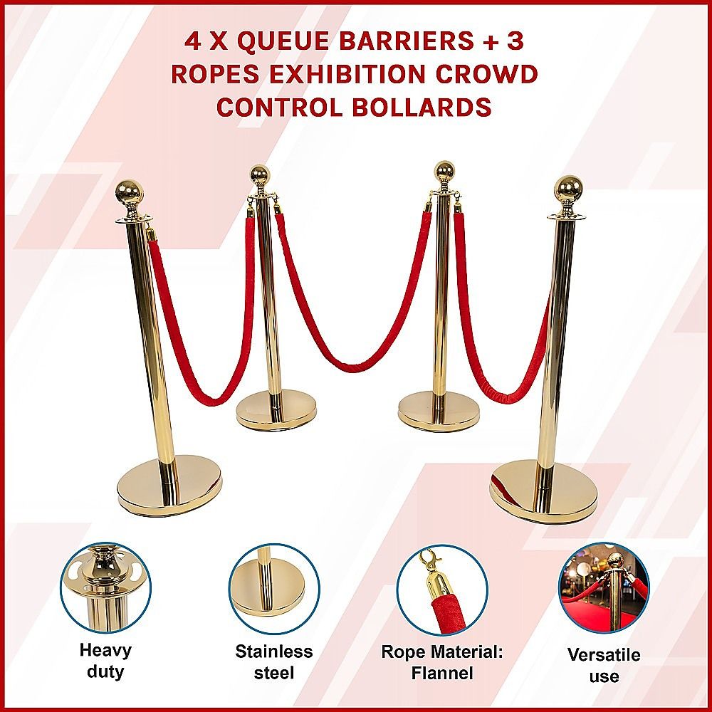 4 x Queue Barriers + 3 Ropes Exhibition Crowd Control Bollards Bedworld