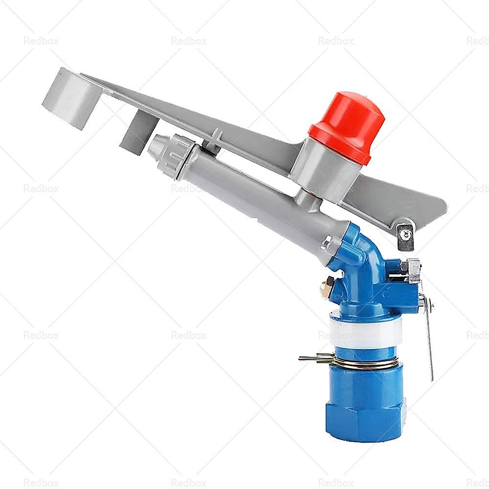 360-degree impact sprinkler with blue body, red top cap, gray spray arm on tripod