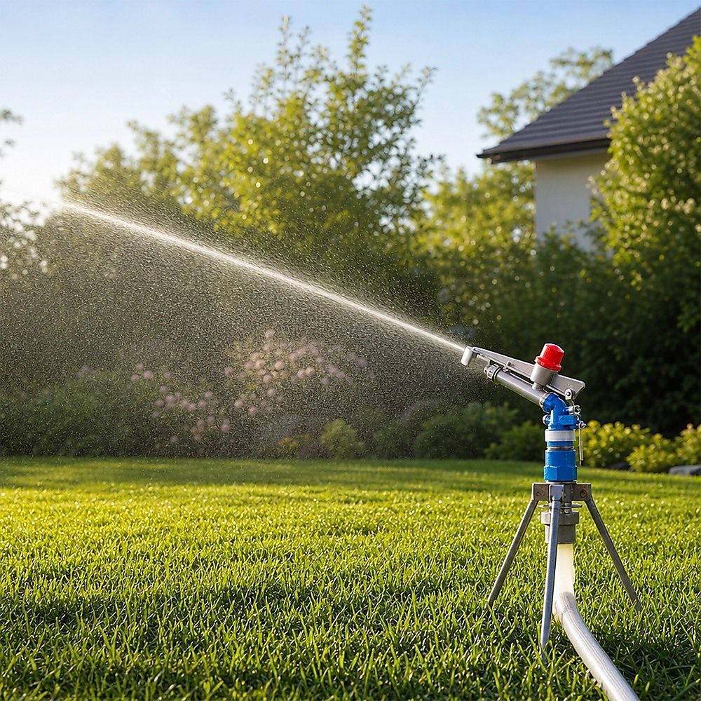 360-degree impact sprinkler spraying water across a green lawn on a tripod