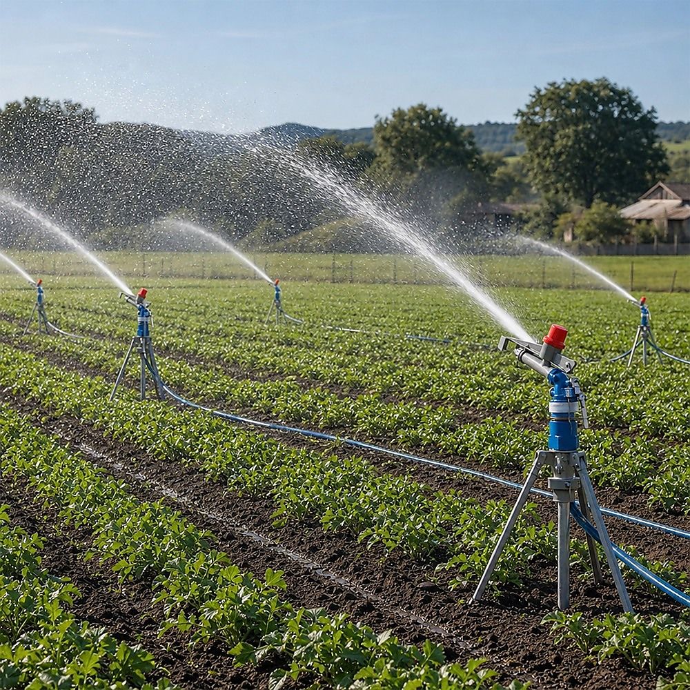 Tripod sprinklers spraying water over garden rows and lawn grass