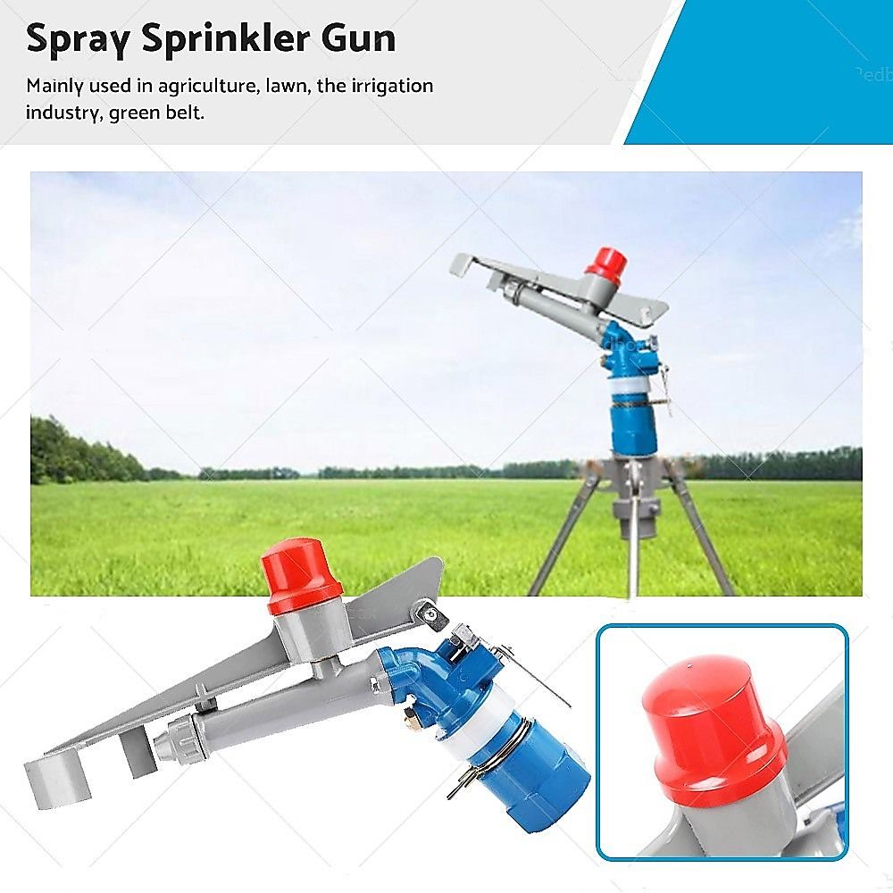 360-degree impact sprinkler gun on tripod with blue valve and red adjustment cap