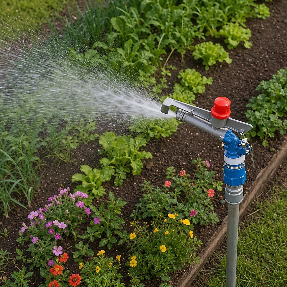 360-degree impact sprinkler watering flower bed with blue body and red top cap