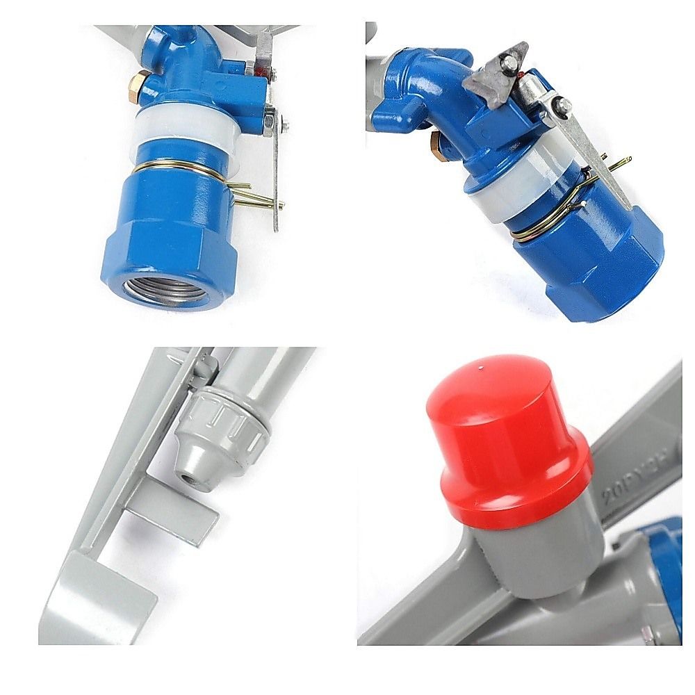 360-degree impact sprinkler head close-ups showing blue body and red adjustment cap