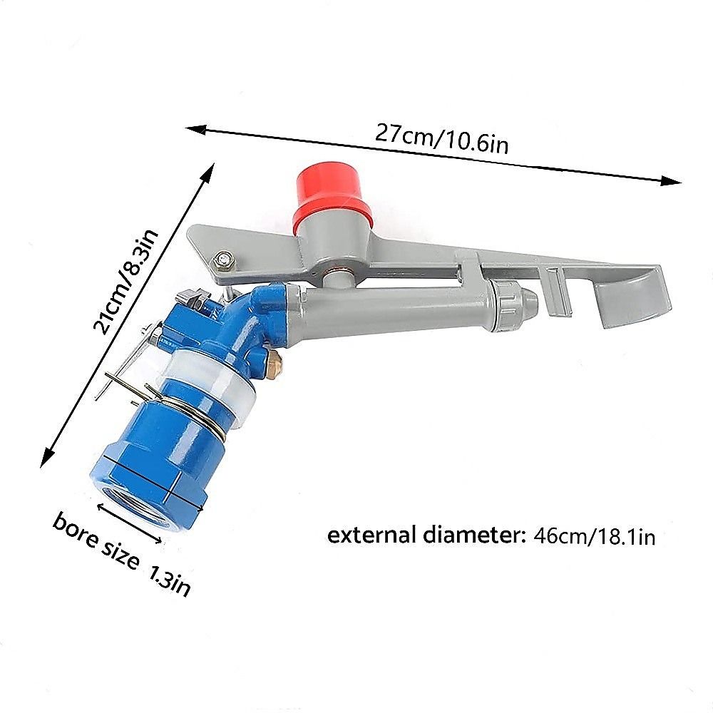 360-degree impact sprinkler with labeled size dimensions, blue body and red top cap