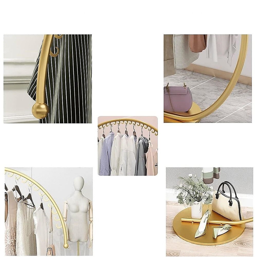 Curved floor clothes hanger rack with gold bar, hooks, and round base