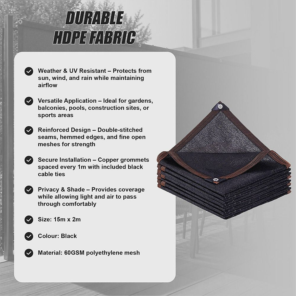 Fence Privacy Screen – 15mx2m Black HDPE Mesh Windscreen Bedworld