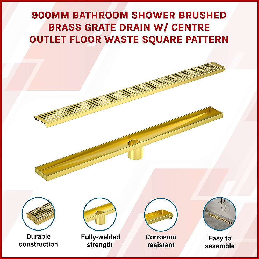 900mm Bathroom Shower Brushed Brass Grate Drain