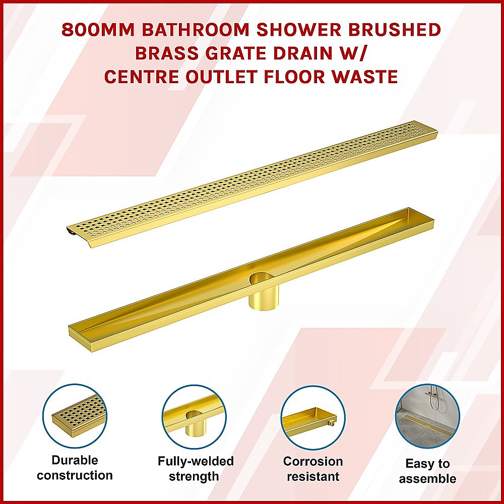Brushed brass 800mm shower grate drain with center outlet, perforated channel cover