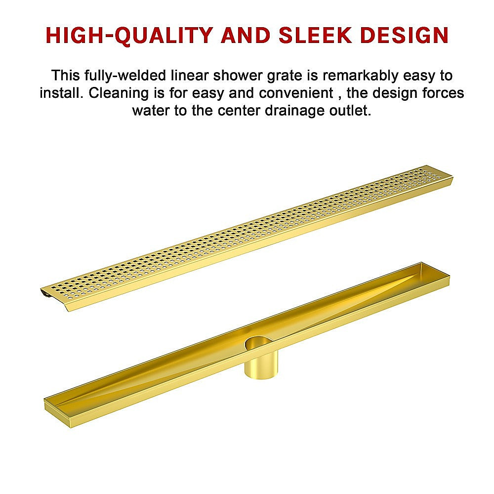 Brushed brass 800mm linear shower grate drain with center outlet, perforated cover