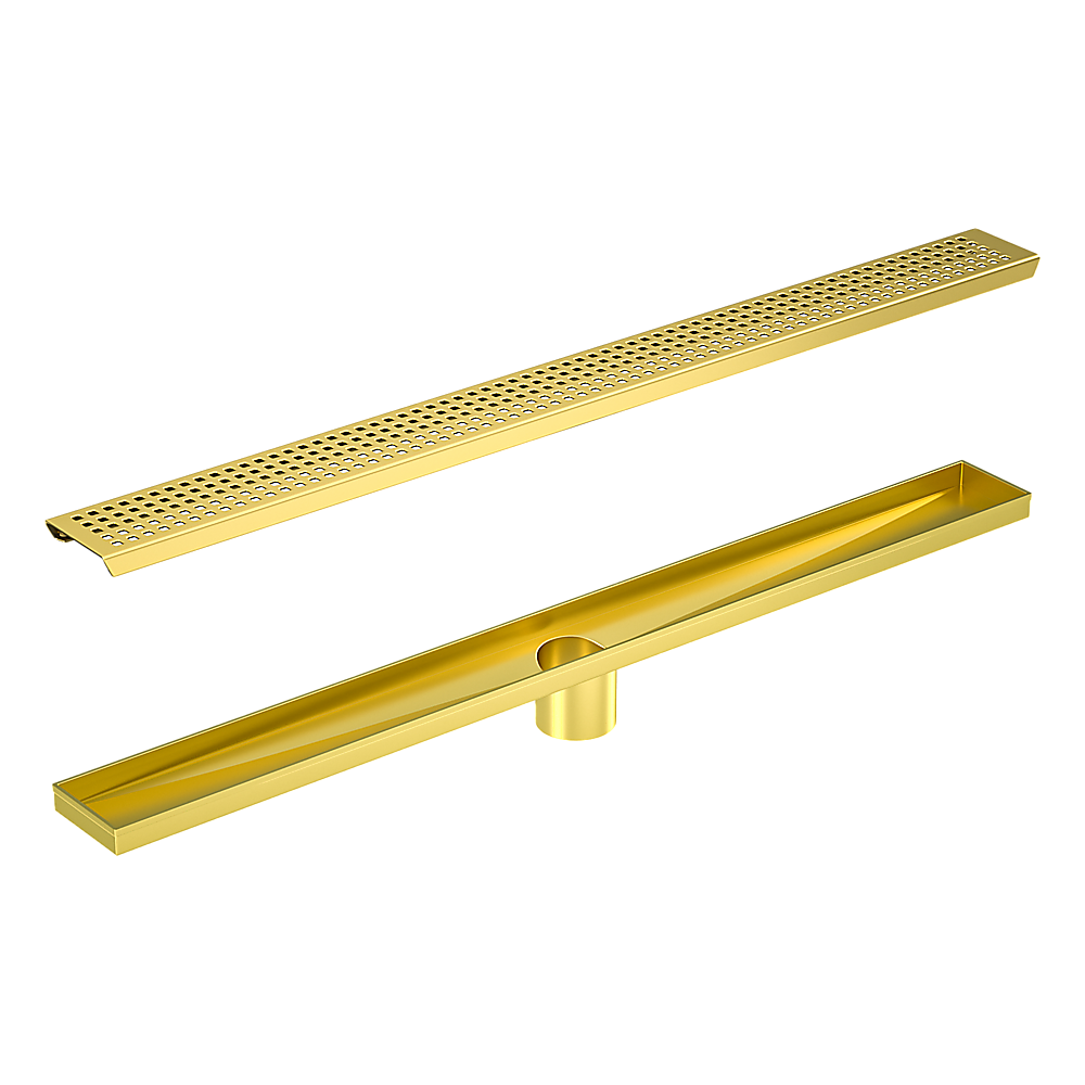Brushed brass linear shower grate drain with central outlet pipe, perforated surface