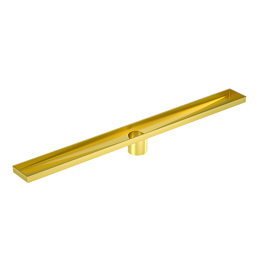 Brushed brass shower drain grate channel with center outlet, side view