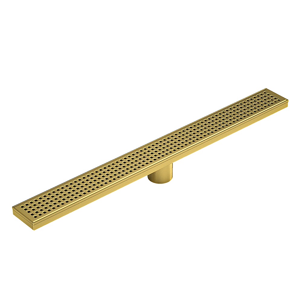 Brushed brass linear shower grate drain with central outlet, perforated top