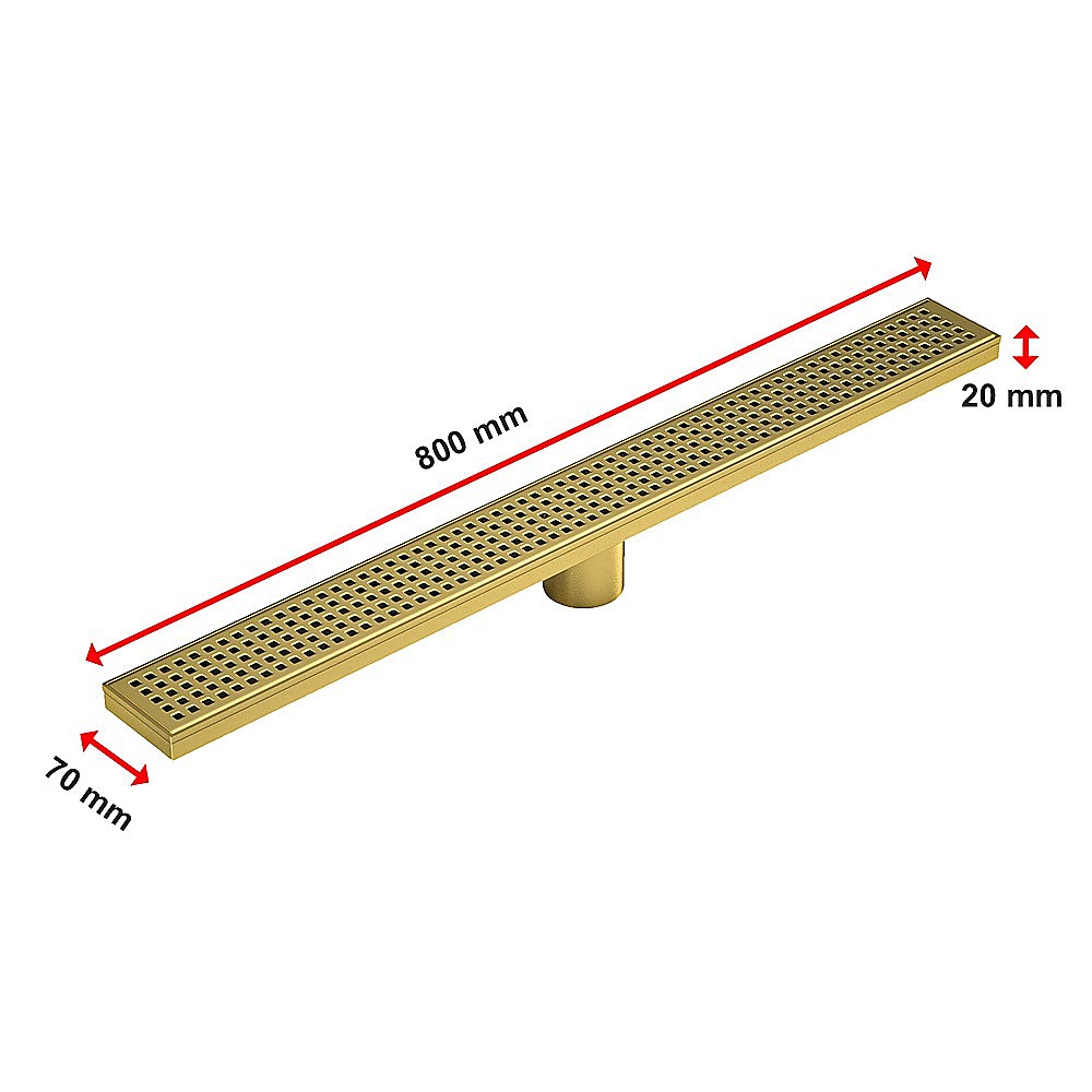 800mm x 70mm shower floor drain grate, 20mm height, brushed brass with center outlet