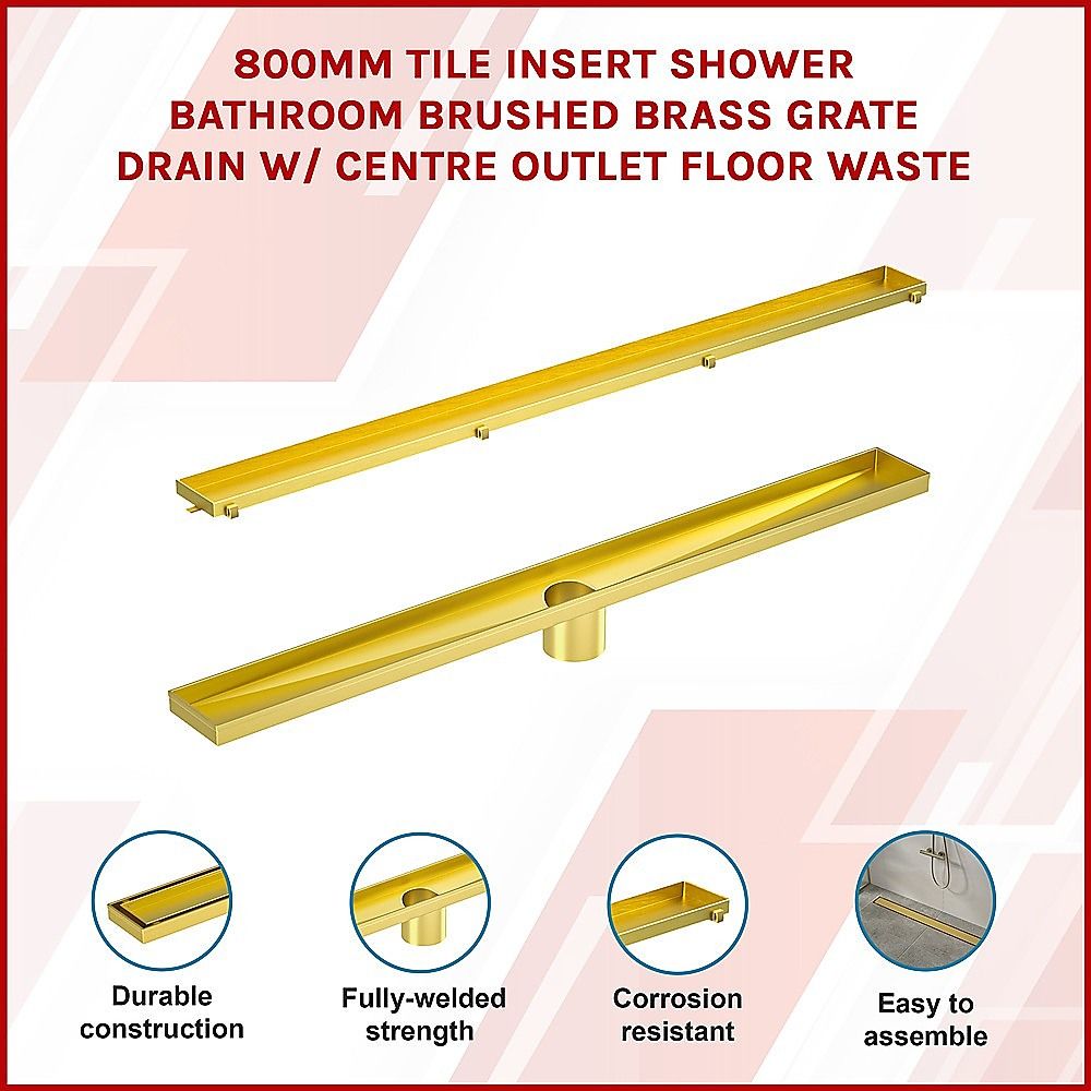 Tile Insert Shower Grate – 80cm Brass Drain with Centre Outlet Bedworld