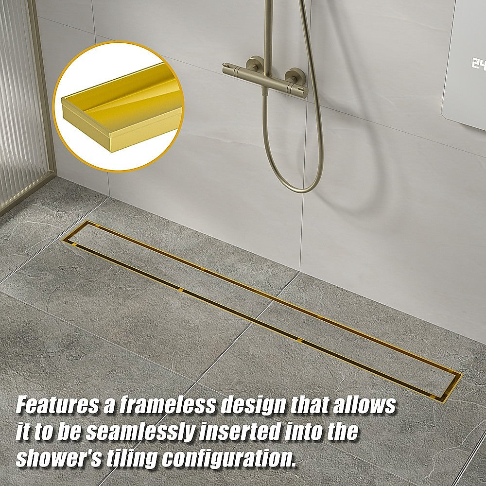 800mm Tile Insert Shower Bathroom Brushed Brass Grate Drain w/ Centre outlet Floor Waste