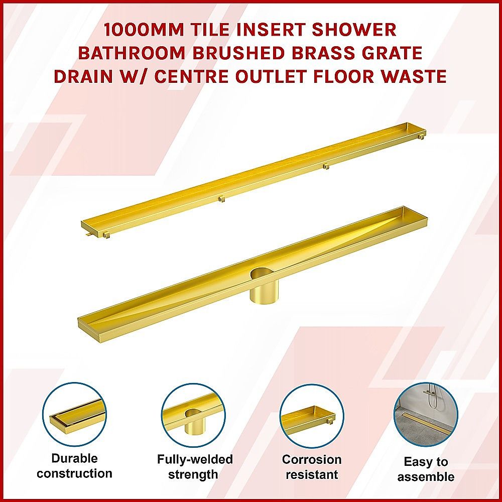 Tile Insert Shower Grate – 100cm Brass Drain with Centre Outlet Bedworld