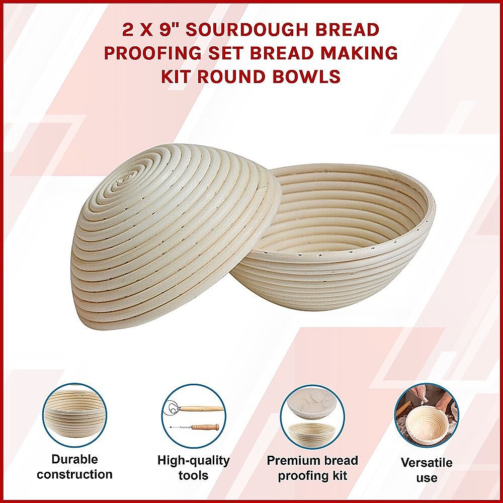 2 x 9" Sourdough Bread Proofing Set Bread Making Kit Round Bowls Bedworld