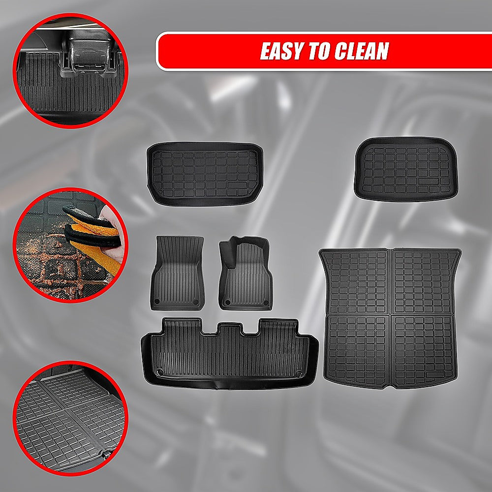 Tesla Model Y 6-piece floor mat set, textured black TPE mats for front and trunk