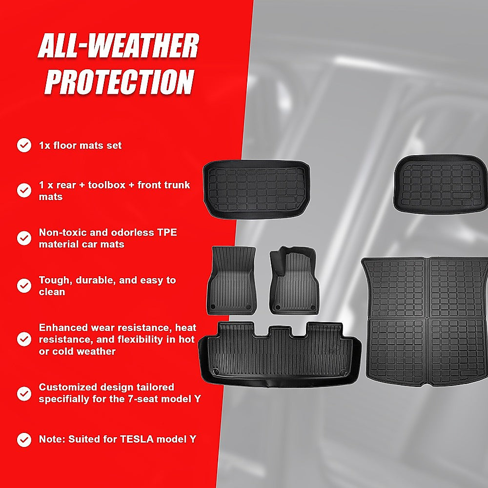Tesla Model Y 6-piece all-weather TPE floor mat set, black textured mat inserts