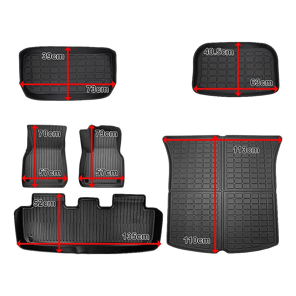 Tesla Model Y floor mat set size chart, black TPE mats with grid texture