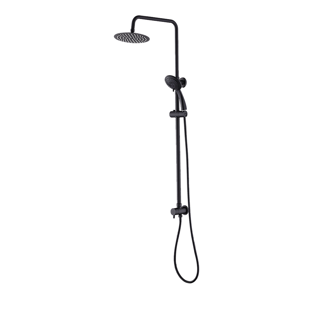 Matte black shower column with round rain head and handheld sprayer