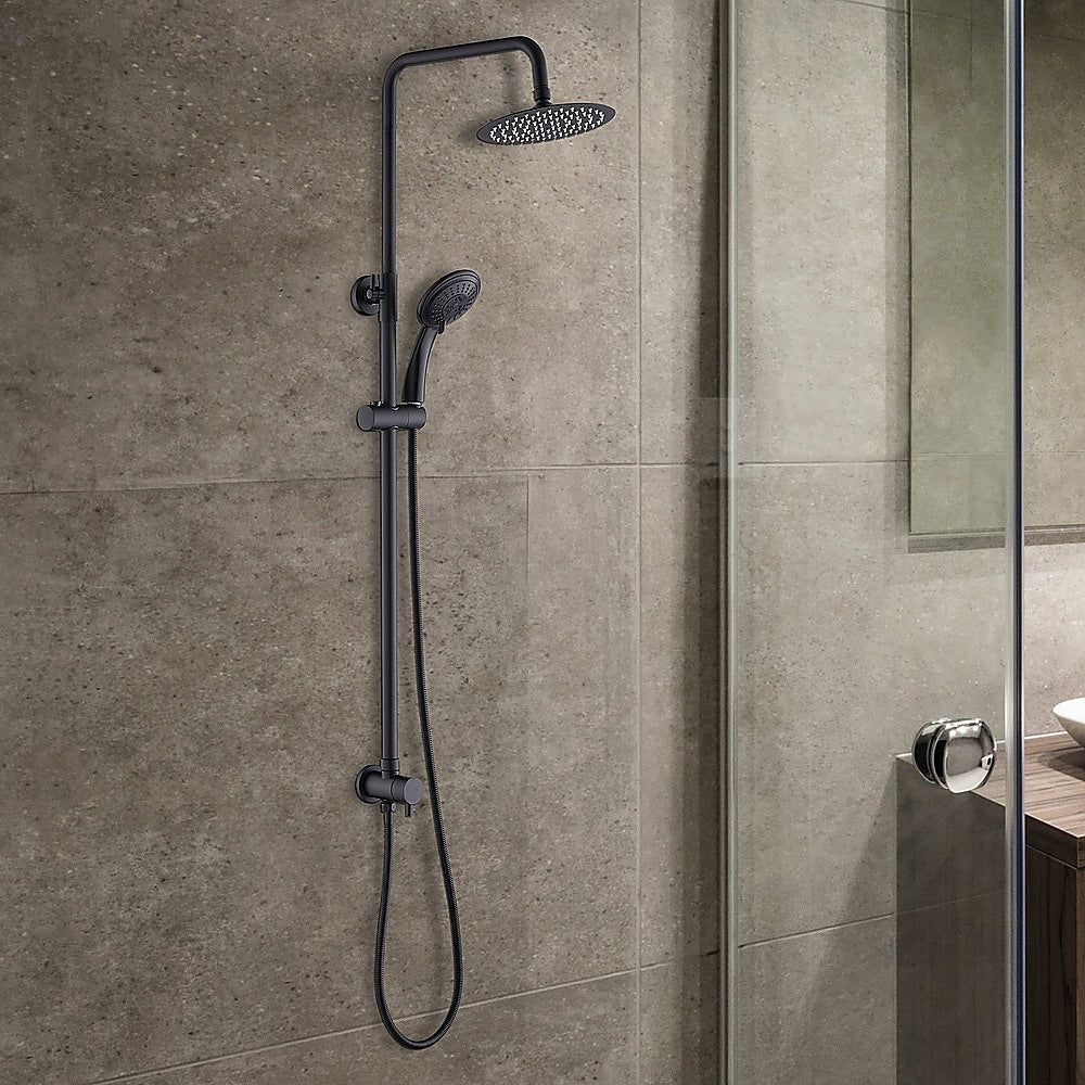 Matte black rain shower set with round ceiling head and handheld sprayer