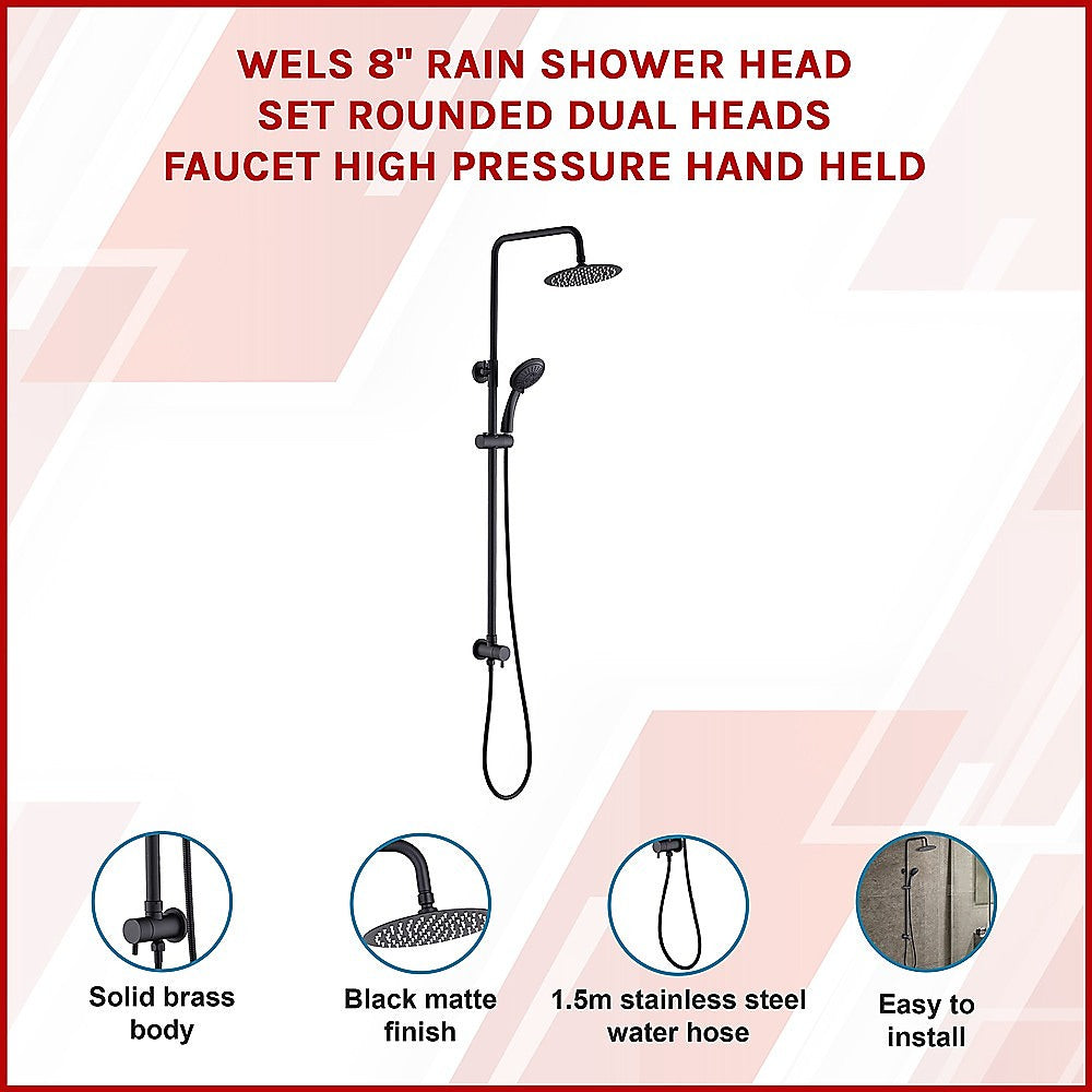 Matte black rain shower set with round rain head, handheld sprayer, and hose