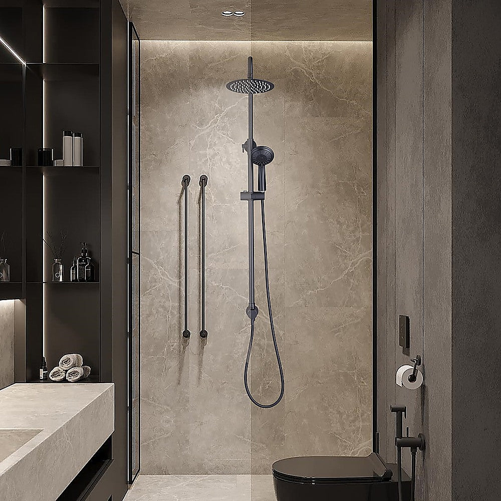 Matte black rain shower set with round rain head and handheld sprayer