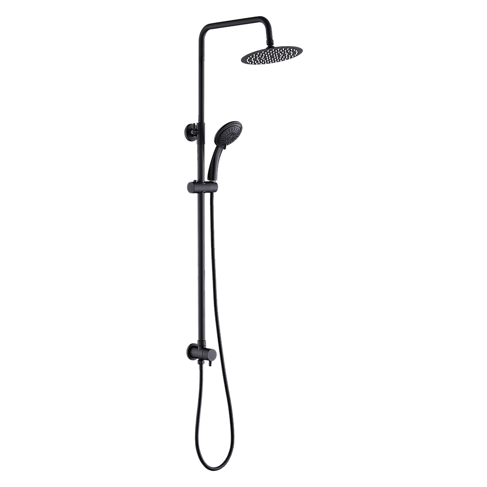 Matte black shower head set with curved arm, round rain head, and handheld sprayer