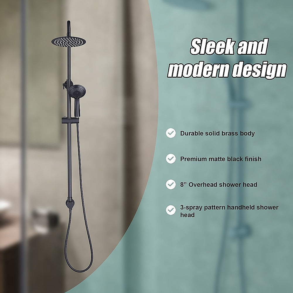 Matte black dual shower head set with rounded overhead and handheld sprayer, hose