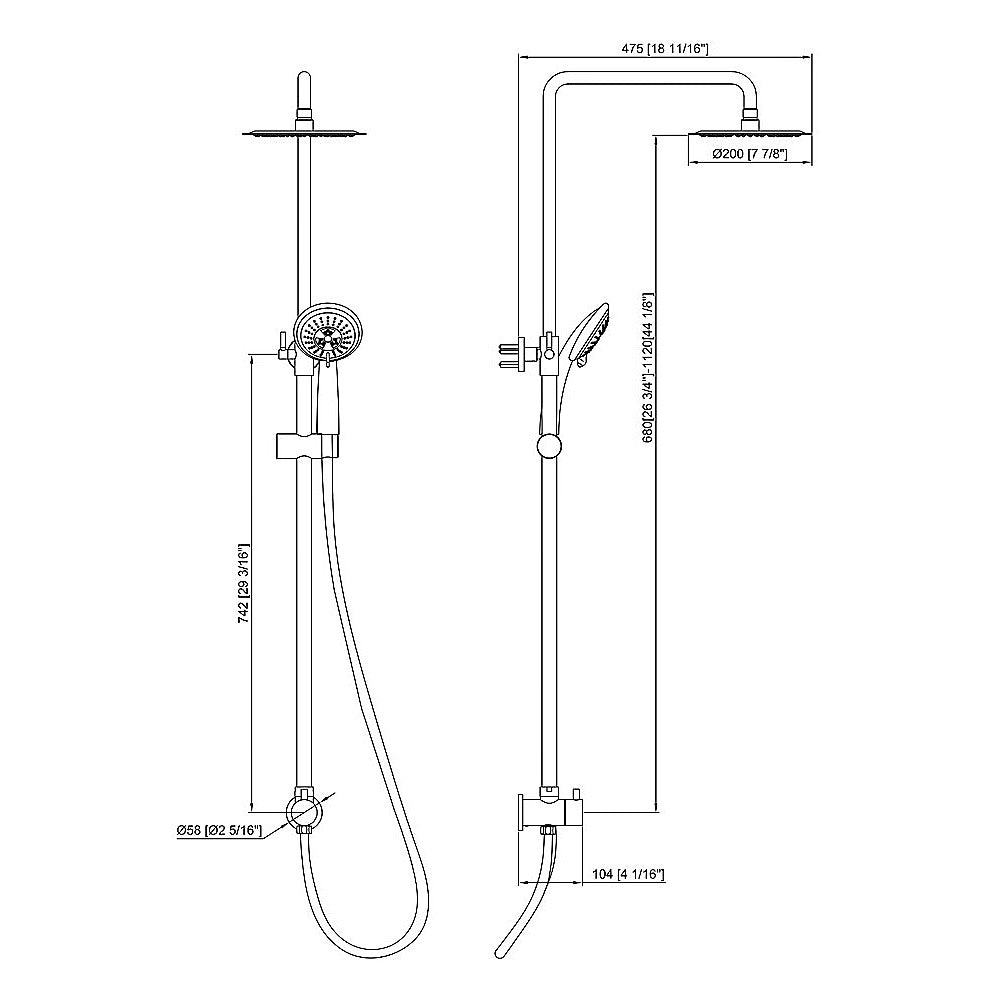 Dual-head shower set diagram with overhead rain head, handheld sprayer, and hoses