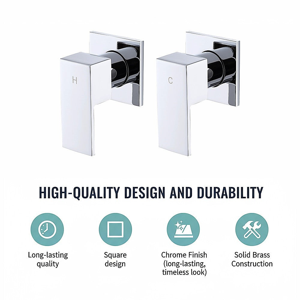 Square chrome shower/bath mixer with H and C markings, visible control face