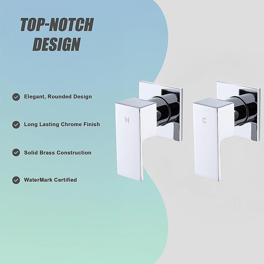 Square chrome shower/bath mixer with H and C control units