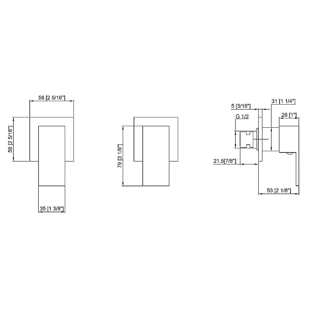 Square chrome mixer diagram with dimension lines and H/C control blocks