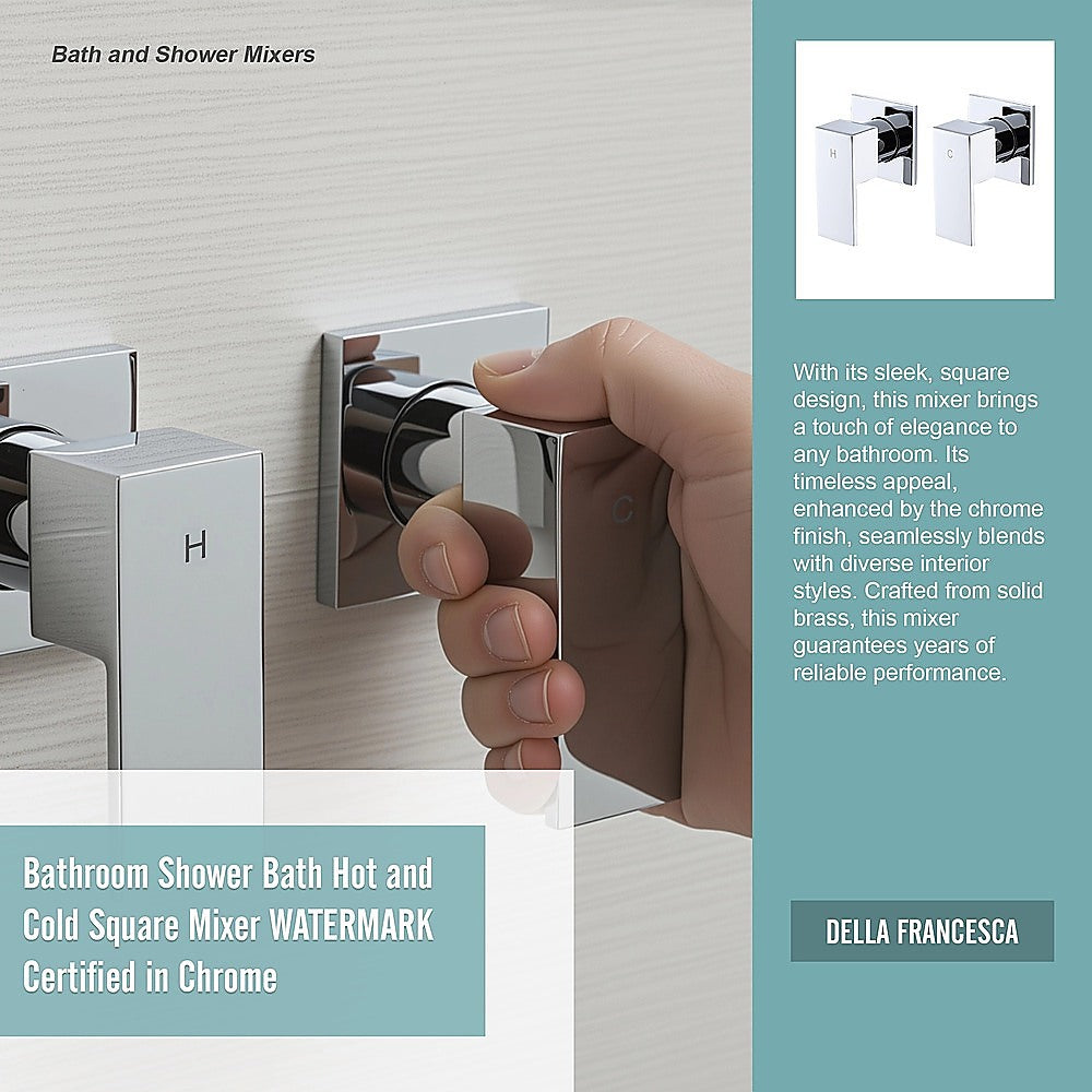 Chrome square wall-mounted shower bath mixer with hot and cold lever handles