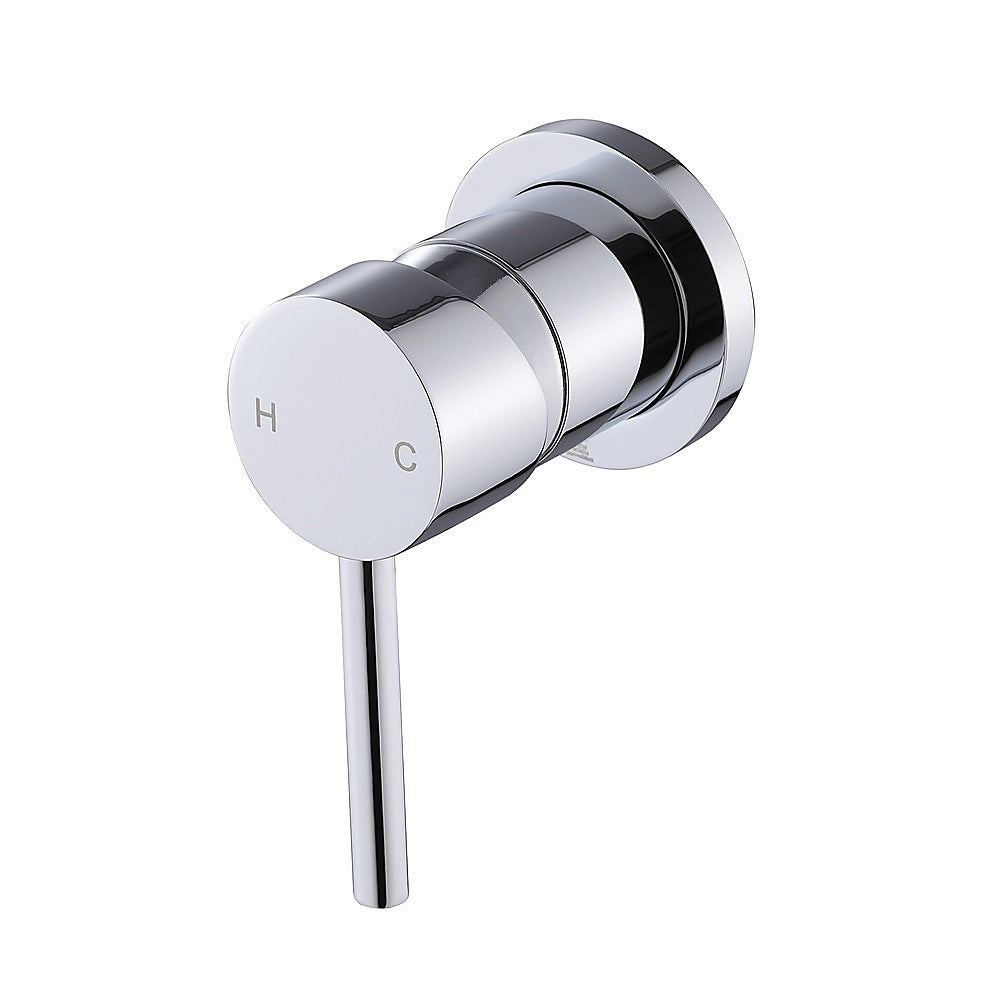 Chrome shower bath mixer tap with round handle and hot/cold markings