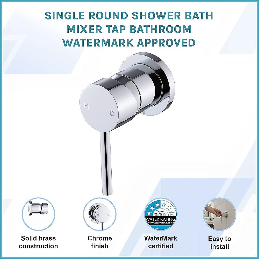Shower bath mixer tap with round face, chrome finish, and hot/cold indicators