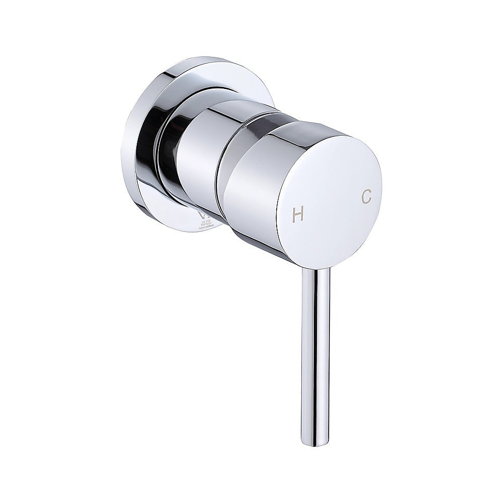 Chrome shower bath mixer tap with round control plate and hot/cold letters