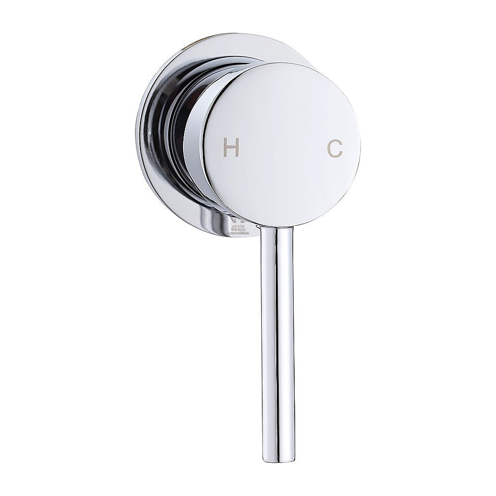 Round chrome shower bath mixer tap face with hot (H) and cold (C) letters