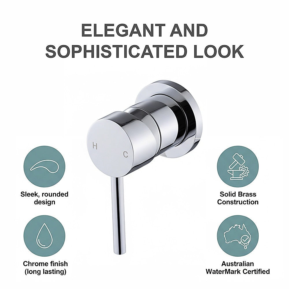 Chrome shower bath mixer tap with round face and polished circular control ring